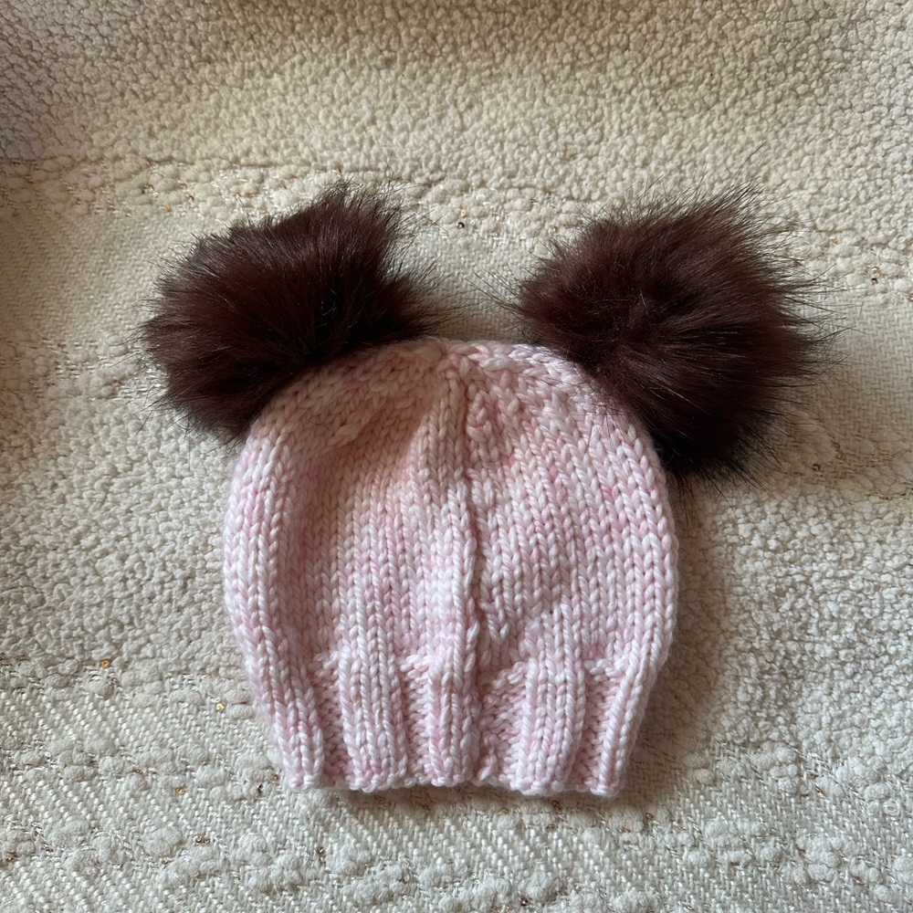 Pink Knit Beanie with Removable Pom Poms